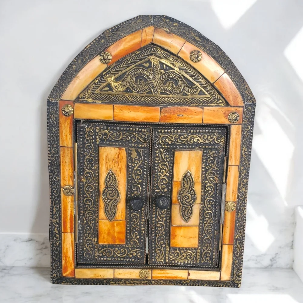 Exotic Handmade Wall Mirror Hidden Behind Closed Doors Camel Bone, Metal - 17